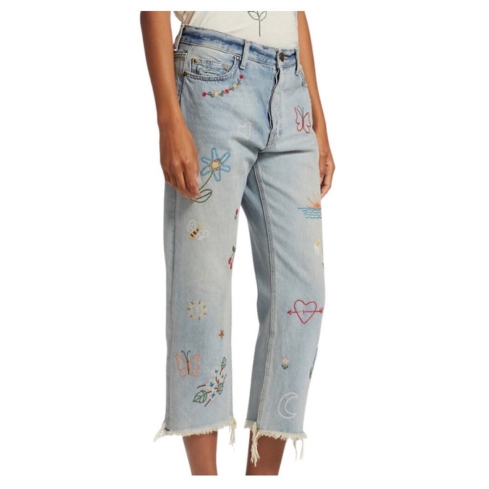 THE GREAT. Light Blue Embroidered Cropped Jeans